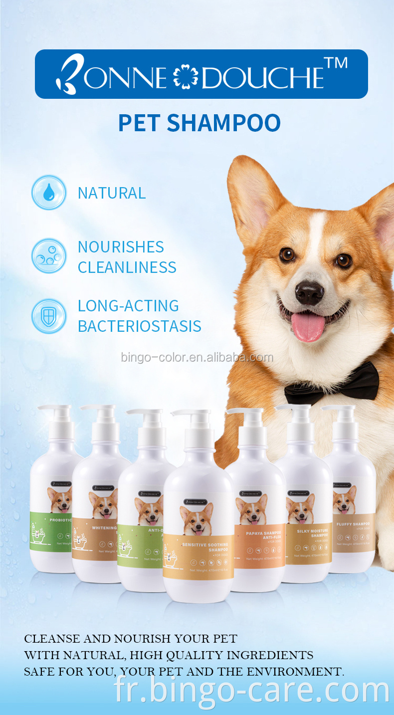 Shampooing apaisant pour chiens sensibles aux soins des animaux de compagnie de marque privée formulé en Italie